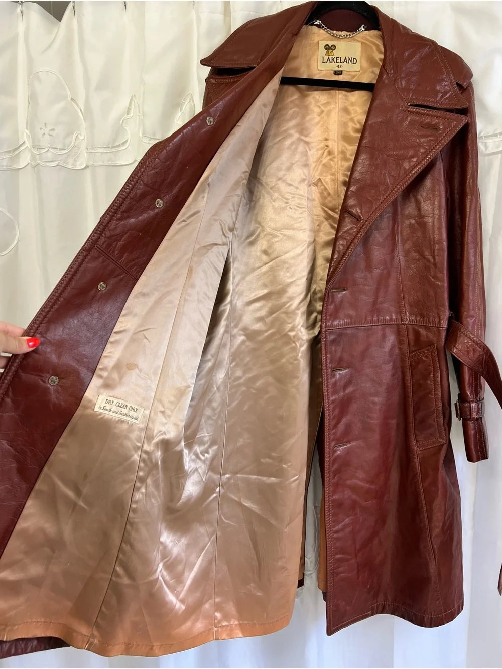 Vintage Lakeland Leather Trench Coat 42 Long Cognac Brown Belted Large